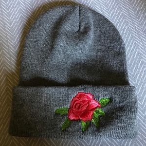 Heather Grey Hat with Rose Embroidery